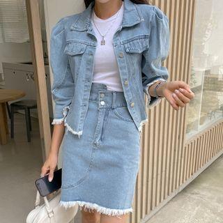 Denim Set: Fringed Puff-sleeve Jacket + Skirt