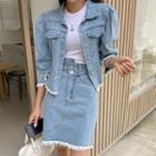 Denim Set: Fringed Puff-sleeve Jacket + Skirt