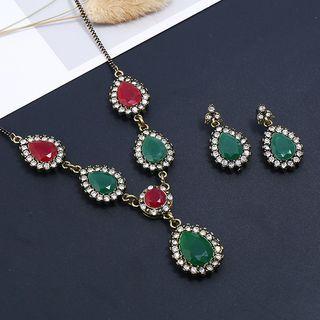 Set: Faux Gemstone Pendant Necklace + Dangle Earring