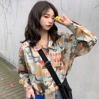 Print Single-breasted Long-sleeve Blouse As Shown In Figure - One Size