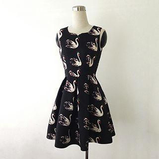 Swan Print Sleeveless A-line Dress