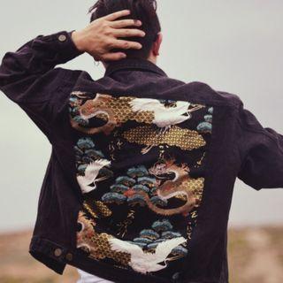 Crane Dragon Print Denim Jacket