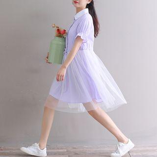 Sheer Panel Short-sleeve Shirt Dress
