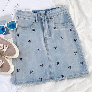 Heart Embroidered Denim A-line Mini Skirt