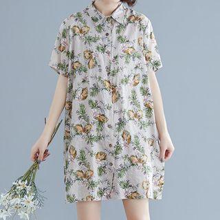 Floral Short-sleeve Shirt Dress As Shown In Figure - One Size