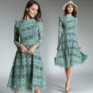 Ruffle Shoulder Lace Midi Dress