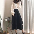 Ruffle-hem Long-sleeve Blouse / Asymmetric Skirt