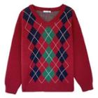 Long-sleeve V-neck Plaid Knit Sweater Red - One Size