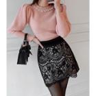 Puff-sleeve Faux-pearl Trim Knit Top