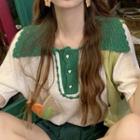 Short-sleeve Polo Knit Top Khaki & Orange & Green & White - One Size
