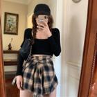 Color-block Long-sleeve Slim-fit Top / Plaid Irregular Skorts