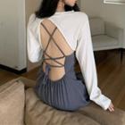 Long-sleeve Plain Cropped Top / Plain Open-back Spaghetti-strap Dress