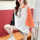 3/4-sleeve Hooded Lettering Color Block T-shirt