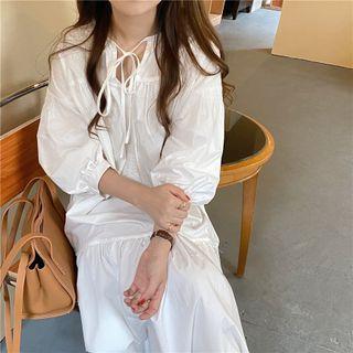 Long-sleeve Drawstring Plain Shirred Dress