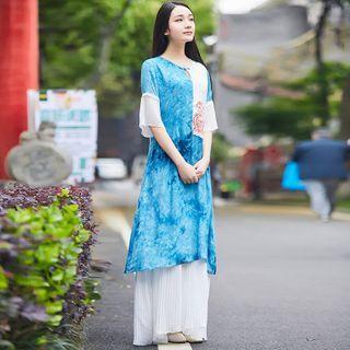 Tie-dye Print Panel Elbow-sleeve Maxi A-line Dress