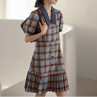Puff-sleeve Collared Plaid Pleated Dress