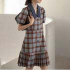 Puff-sleeve Collared Plaid Pleated Dress