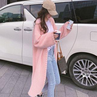 Long-sleeve Faux Pearl Panel Faux Furry Long Cardigan