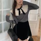 Collar Ribbon Knit Top / Mini A-line Skirt