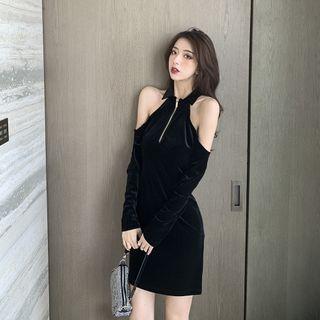 Long-sleeve Cold-shoulder Half-zip Velvet Mini Dress