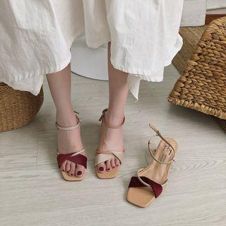 Velvet Strap Block Heel Sandals