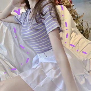Striped Tie Back Short-sleeve Top / High-waist Skirt