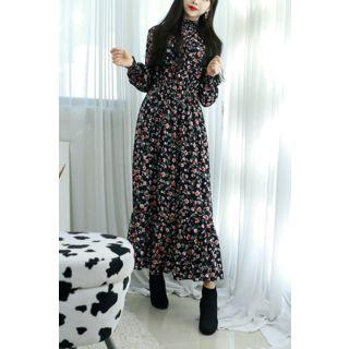 Petite Size Smocked-trim Frilled Floral Long Dress