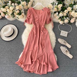 V-neck Short-sleeve Drawstring Asymmetrical Ruffle Dress