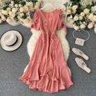 V-neck Short-sleeve Drawstring Asymmetrical Ruffle Dress