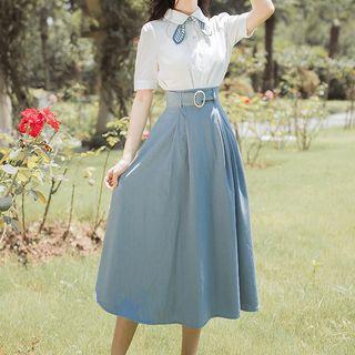 Set: Short-sleeve Tie-neck Shirt + Midi Skirt
