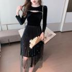 Long-sleeve Faux Pearl Cutout Midi A-line Mesh Dress