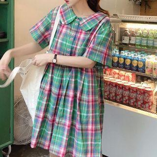 Plaid Short-sleeve Shirt Dress Green - One Size