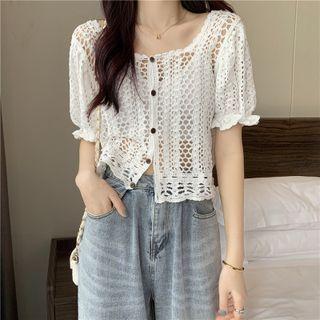 Cut Out Lace Plain Crop Cardigan