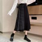 Plaid Paneled Midi A-line Skirt Black - One Size