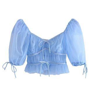 Short-sleeve Ruched Mesh Crop Top