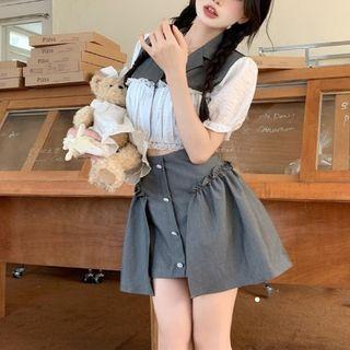 Puff-sleeve Shirred Crop Blouse / Shirred A-line Skirt