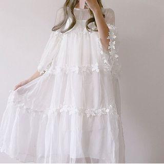 Set: Sheer Elbow-sleeve A-line Dress + Slipdress