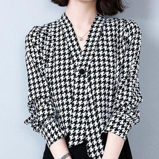 Long-sleeve V-neck Houndstooth Blouse