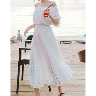 Elbow-sleeve Eyelet Lace A-line Midi Dress