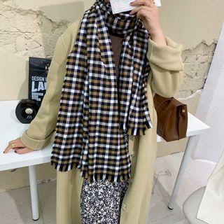 Plaid Yarn Shawl Black & White & Camel - One Size