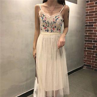 Embroidered Spaghetti-strap Mesh Dress