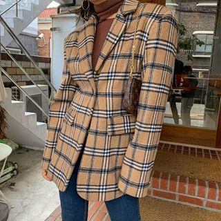 Single-button Checked / Plain Wool Blend Blazer
