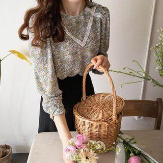 Puff-shoulder Lace-trim Floral Blouse