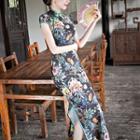 Sleeveless Floral Print Midi Qipao Dress