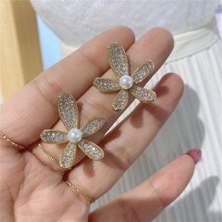 Flower Rhinestone Faux Pearl Earring 1 Pair - Gold - One Size