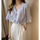 Elbow-sleeve V-neck Buttoned Chiffon Blouse