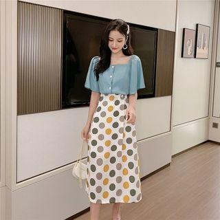 Set: Square-neck Short-sleeve Blouse + Polka Dot Midi A-line Skirt