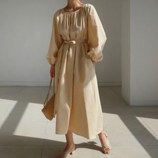 Puff Long-sleeve Midi A-line Dress