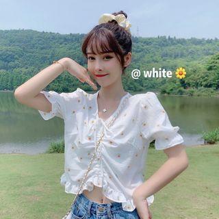 Floral Print Drawstring Ruched Puff-sleeve Blouse