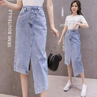 High-waist Asymmetric Hem Denim Midi Straight-fit Skirt